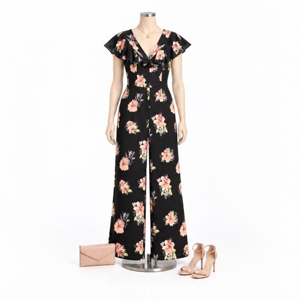 Roz & Ali Black Floral Wide-Leg Jumpsuit | Size 10